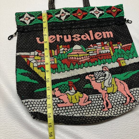 Jerusalem Beaded Handmade Vintage Tote Bag Purse Black Double Handle Israel - Picture 8 of 10